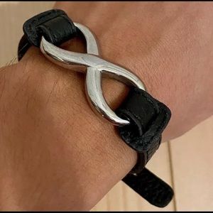 ♾ FauxLeather StainlessSteel Silver Belt Bracelet